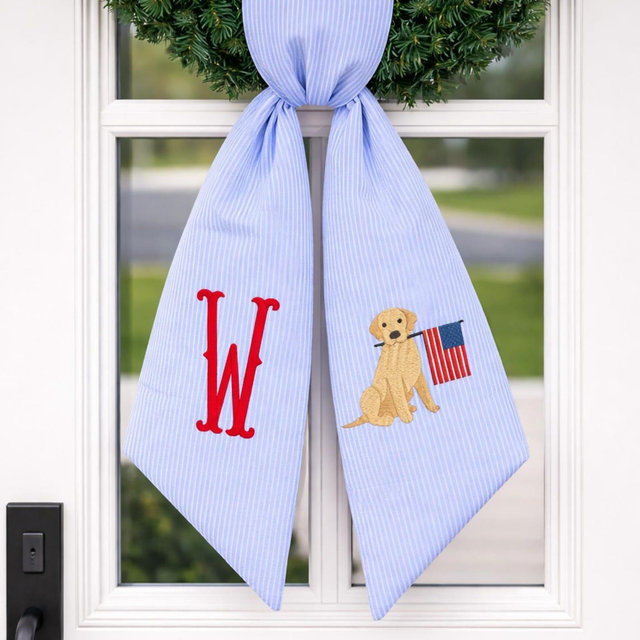 Personalized Monogram Wreath Sash: Embroidered Dog, American Flag, Seersucker Door Decor