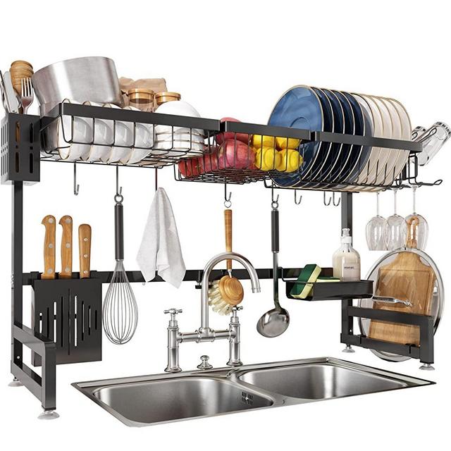 [Updated] Over The Sink Dish Drying Rack, Adjustable Length 2 Tier Large Dish Rack, Expandable Stainless Steel Dish Drainer Shelf for Kitchen Counter Organizer Space Saver with 8 Hooks(Fit 99% Sink)