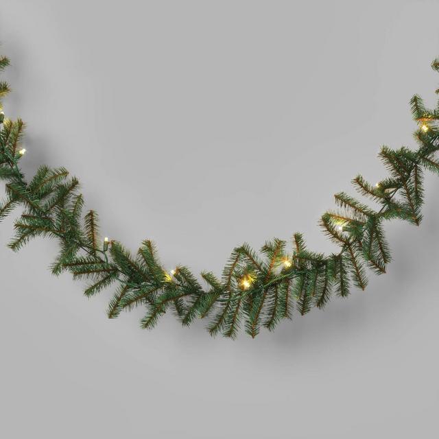 18' Christmas Pre-Lit Artificial Pine Bough Garland Green with LED Lights - Wondershop™