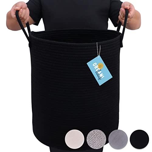 XXL Cotton Rope Basket in Black | Tall 15x18 Storage Basket with Long Handles | Decorative Black Blanket Basket for Living Room and Laundry