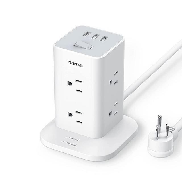 TESSAN Power Strip Tower Surge Protector 8 Wide Spaced Outlets and 3 USB Ports, Extension Cord 6 feet Flat Plug, Charging Station with Compact Size, 1700 J Protection, 1875W, White