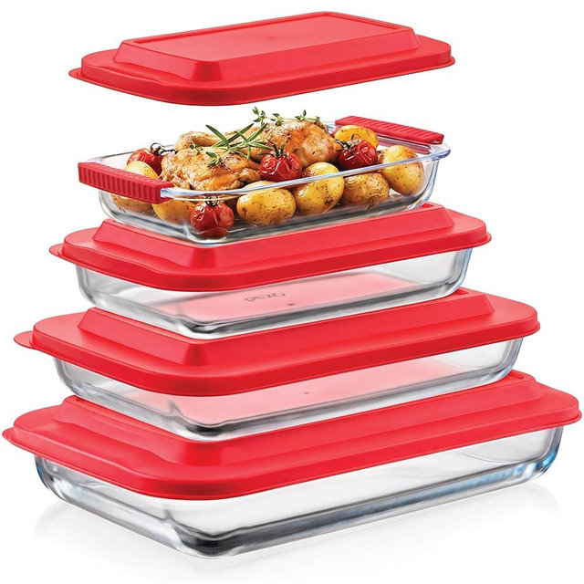 Pexo 8 Piece Glass Baking Dish Set with Lids, With Silicone Handles for Easy Grip (1.06QT, 1.69QT, 2.32QT, 3.17QT), Clear Glass Casserole Dishes for Oven, Airtight Lids, Glass Bakeware, Freezer, Oven, and Dishwasher safe (Red)