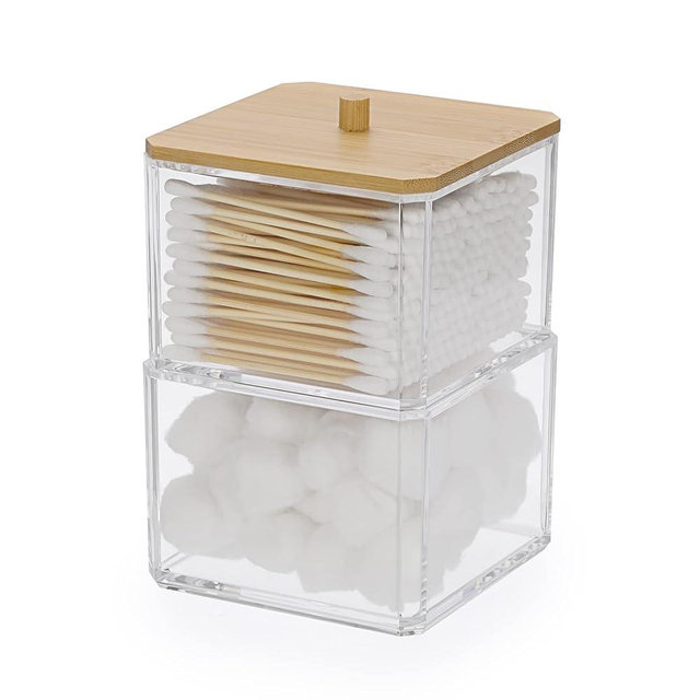 Hipiwe Clear Q-tip Dispenser Holder Acrylic Bathroom Containers 2-Tier Square Apothecary Jar with Lid Canister Cotton Swab and Ball Holder Vanity Storage Organizer for Cotton Round and Pads, Floss