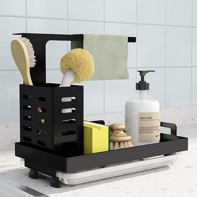 Sink Caddy Sponge Holder Brush Soap Dishcloth Holder with Drain Pan Stainless Steel Caddy Organizer for Kitchen, Freestanding or Wall-Mounted