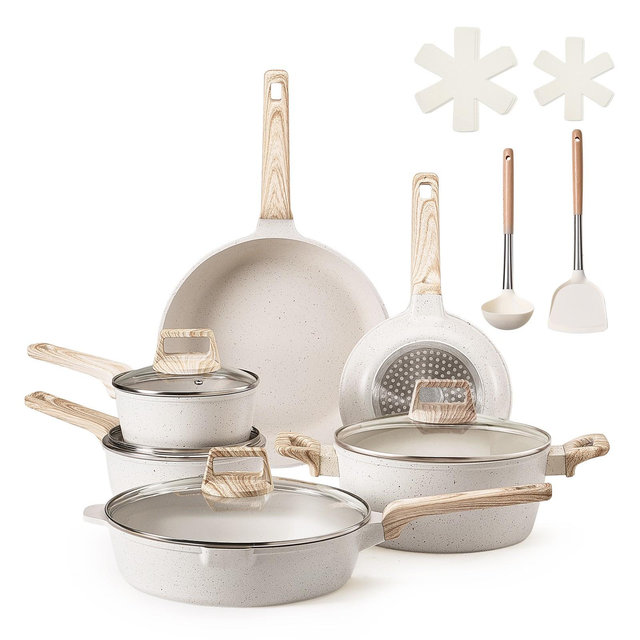 VEVOR 17 Piece Pots and Pans Set, Granite Nonstick Cookware Set, Induction Cookwares, Kitchen RV Cooking Sets with Frying, Sauce, Saute, White