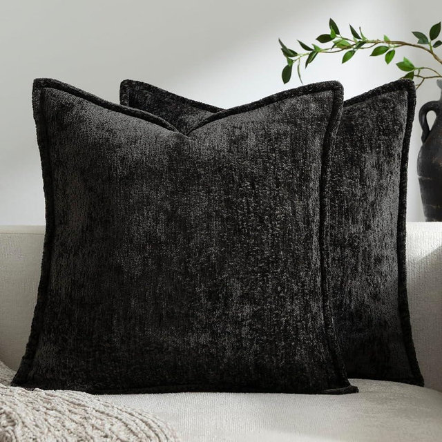 DEZENE Pack of 2 Black Decorative Throw Pillow Covers 16x16 Cozy Soft Chenille Accent Vintage Square Couch Pillow Covers for Home Decor Bed Sofa Living Room