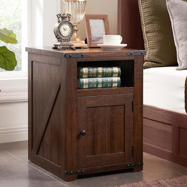 IFGET Nightstand with Charging Station, 20" Farmhouse End Table w/Groove Barn Door, Rustic Wood Sofa Side Bedside Table w/Open & Adjustable Shlef for Bedroom, Living Room, Brown