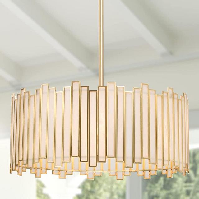 Durent Lighting Gold Drum Chandelier 4-Light Modern Drum Pendant Lighting Fixture with Tiffany Glass Shade, 16” Round Ceiling Hanging Light for Bedroom Dining Room Kitchen Foyer Entryway Living Room