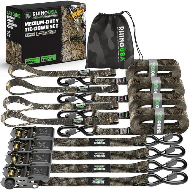 Rhino USA x Realtree Ratchet Straps Tie Downs (4-Pack) - 1 Inch x 15 Feet (1,823lb Break Strength) - Ultimate Tie Down Straps with Safety S Hooks - for Trucks, Cargo, Moving, Appliances - Camo