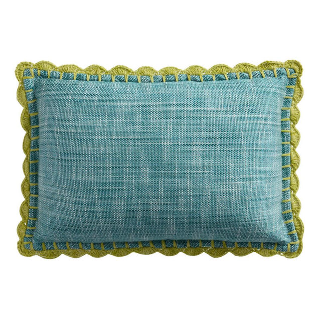 Blue Heathered Crochet Trim Indoor Outdoor Lumbar Pillow