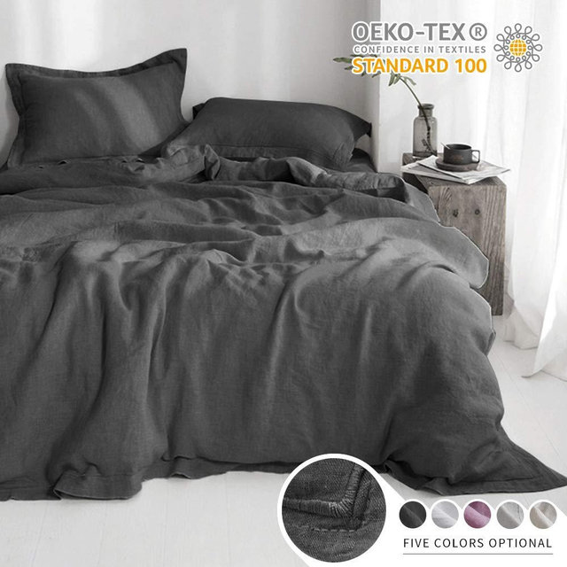 Simple&Opulence 100% Linen Duvet Cover Set with Embroidery Border Stone Washed - 3 Pieces (1 Duvet Cover with 2 Pillow Shams) with Button Closure Soft Breathable Farmhouse - Dark Grey, Queen Size