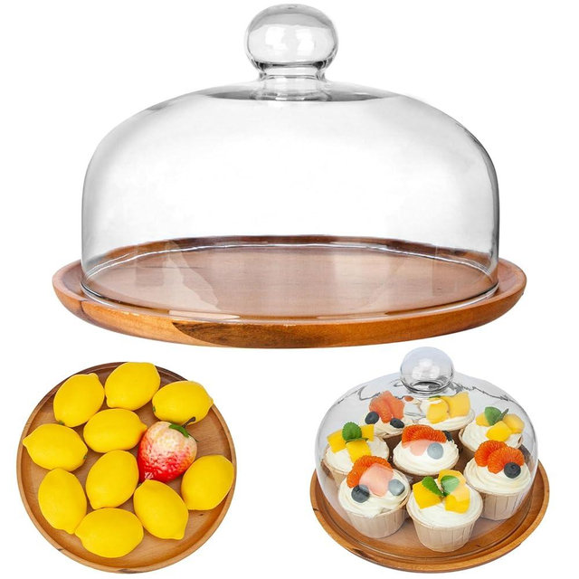 10 Inch Wooden Base Cake Display Stand with Glass Dome,Cloche Clear Glass Bell Jar Cover for Dessert Cheese Candy Plants Succulents