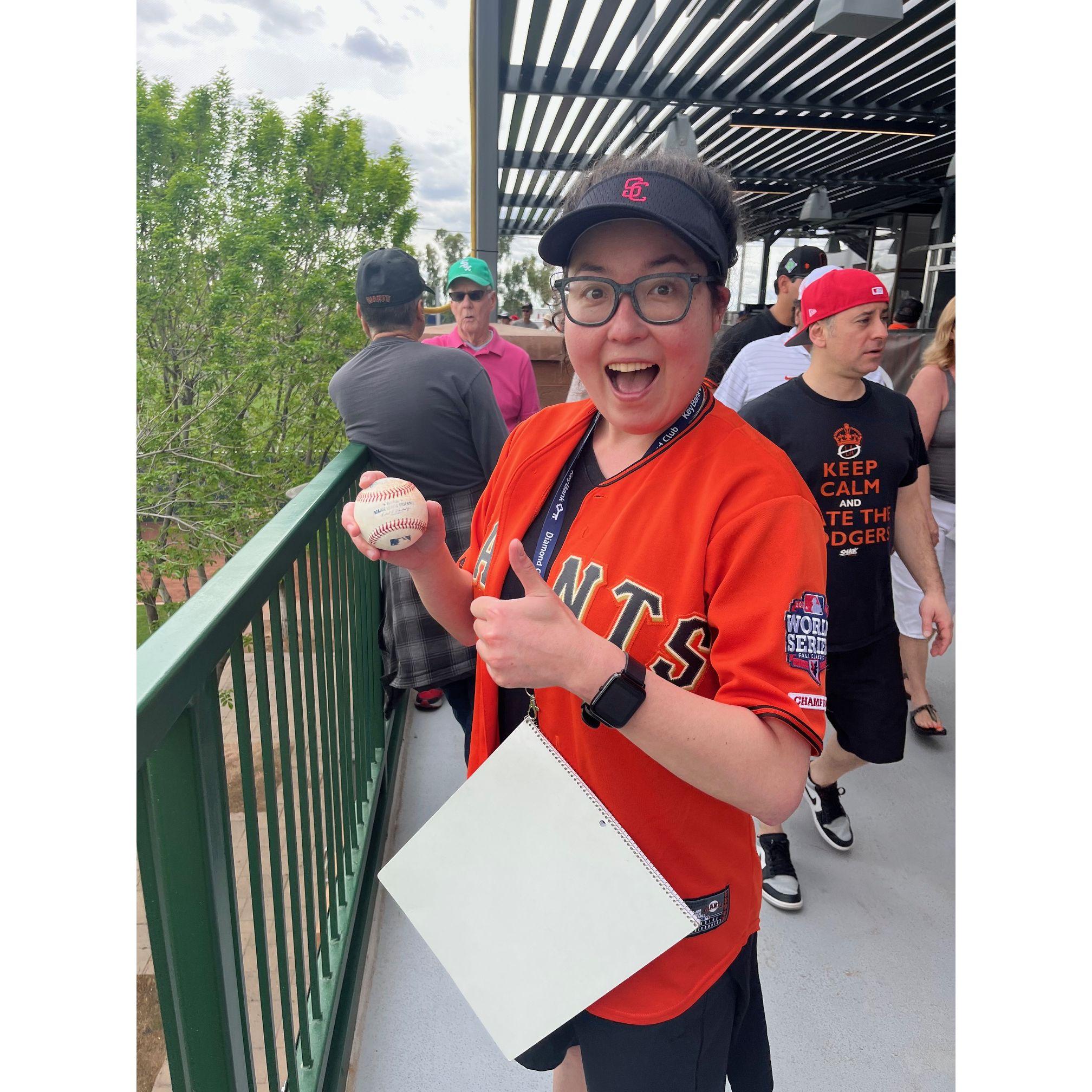 Amelia getting a ball at Giants spring training 2023