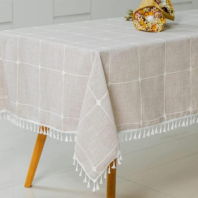 JIALE Rectangle Rustic Farmhouse Cotton Linen Tablecloths,Summer Embroidery Wrinkle Free Waterproof Burlap Tablecloth,Kitchen Dining Room Table Cloth with Tassels for Outdoor & Indoor Table Cover
