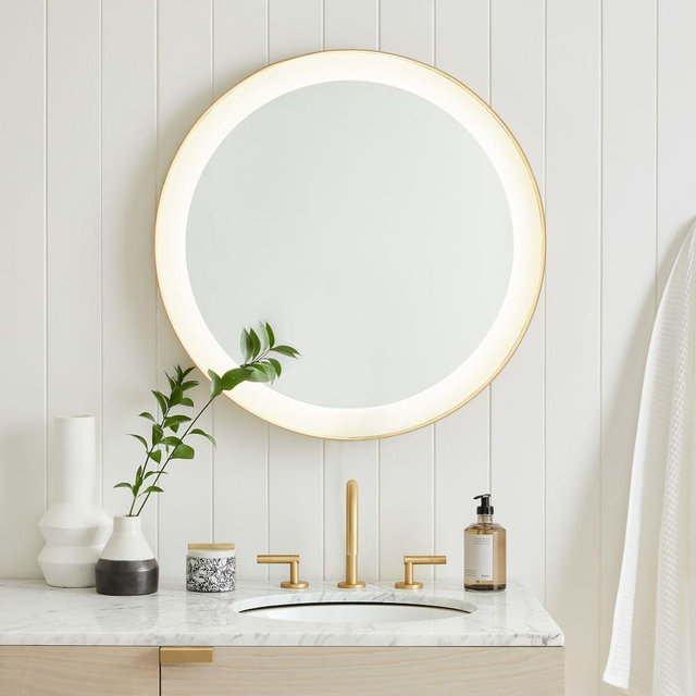 Light Up Vanity Mirror, Antique Brass, 28" Round
