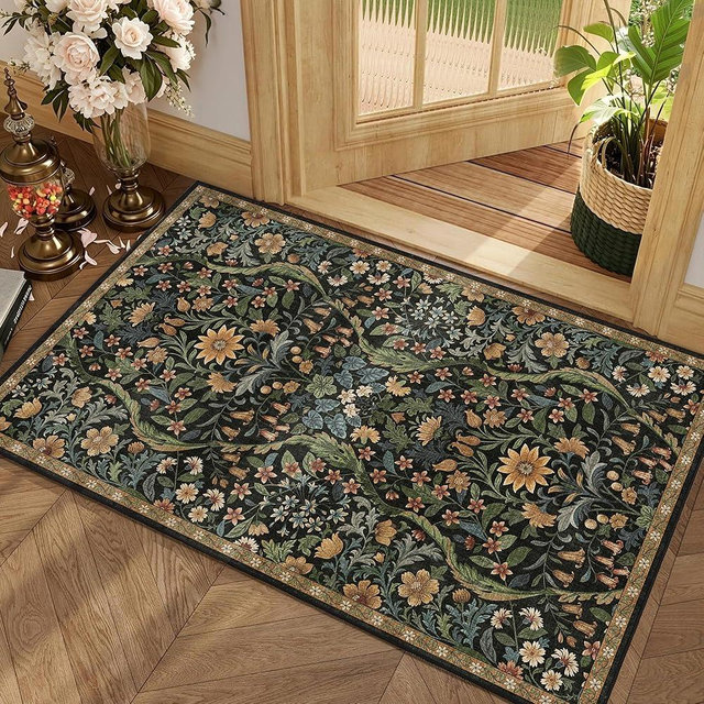 Floral 2x3 Entryway Rug,Washable Front Door Mat Indoor Non Slip Low Pile Small Carpet, Soft Black Brown Boho Botanical Throw Rug for Bathroom Bedroom Kitchen Laundry Indoor Entrance