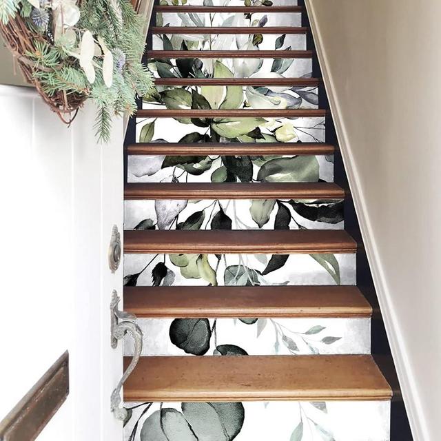 Flortlias 15Pcs Leather Textured Vinyl Peel and Stick Stair Riser Decals, Self-Adhesive Staircase Riser Stickers, 39.37"x7.09" Large Watercolor Leaves and Herbs
