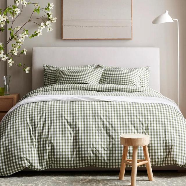 Classic Organic Percale Gingham Duvet Cover Set- King/Cal King