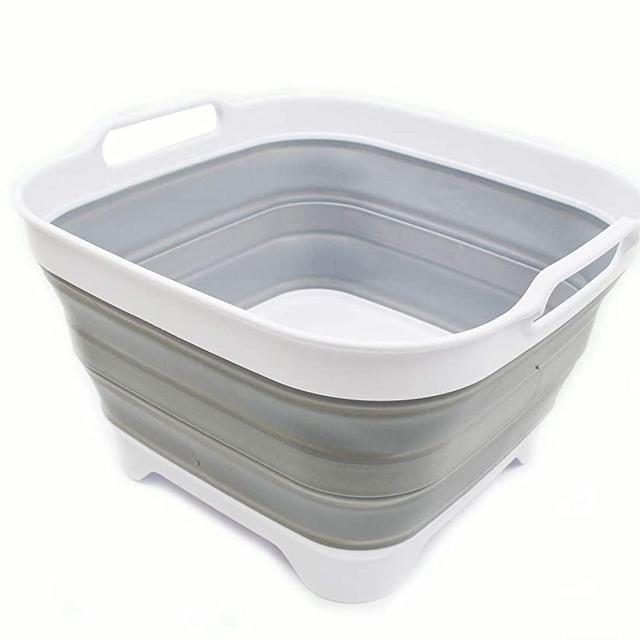 SAMMART 10L (2.64 gallon) Collapsible Dishpan with Draining Plug - Foldable Washing Basin - Portable Dish Washing Tub - Space Saving Kitchen Storage Tray (1, White/Grey)