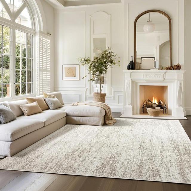 Srugn Washable Rugs 8x10 Area Rugs for Living Room,Rugs for Bedroom,Large Carpets,Ultra Soft Faux Wool Retro Dining Room Rug,Non Slip&Non-Shedding Low Pile Vintage Print Rug for Home Office Decor
