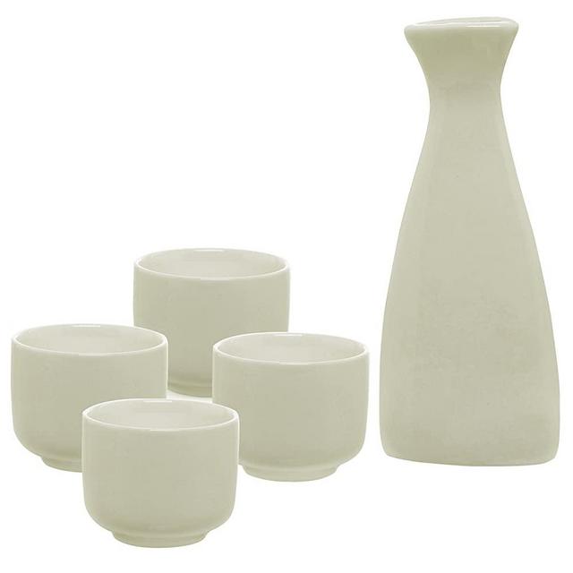 White Ceramic Sake Serving Carafe and 4 Cups - Traditional Japanese Style 5 Piece Gift Set