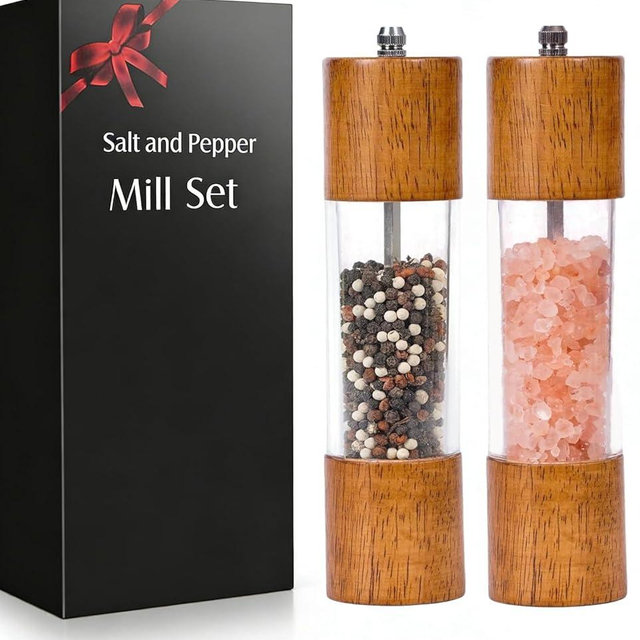Premium Salt and Pepper Grinder Set, 2 Pack 8 Inches Manual Acrylic Mills, Refillable Salt Shaker and Pepper Mill for Kitchen, Wooden Design