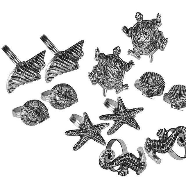 Coastal Theme Sea Shells Metal Napkin Rings - Set of 12 for Dinner Parties, Weddings Receptions, Family Gatherings, or Everyday Use - Set Your Style with Daily Use Table Décor Accessories (Antique)
