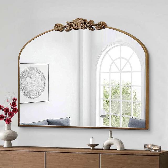 GA Home Gold Arched Mirror, 36"x29" Antique Bathroom Mirror with Wooden Frame, Vintage Ornate Baroque Decorative Mirror for Entryway, Fireplace, Living Room
