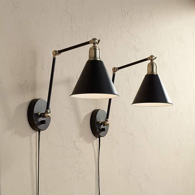 Wray Modern Indoor Adjustable Swing Arm Wall Lamp with Cord Set of 2 Black Antique Brass Plug-in Light Fixture Dimmable Metal Shade for Bedroom Bedside House Reading Living Room - 360 Lighting