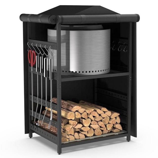Lezbanz Storage Station for Solo Stove Yukon, Bonfire, Ranger, Firewood Rack Outdoor, Storage Holder for Fire Pit Tools and Accessories, with Waterproof Cover, Adjustable Shelf, Iron Black