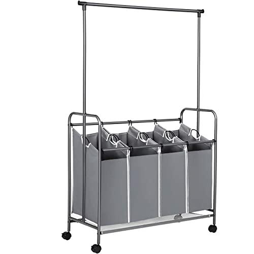 SONGMICS 4-Bag Laundry Sorter, Rolling Laundry Cart with Hanging Bar, Heavy-Duty Wheels, Gray URLS44GS