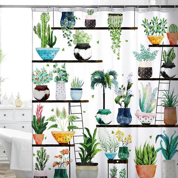 Boho Botanical Plant Shelfs Fabric Shower Curtain
