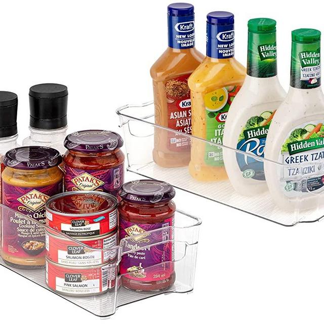 Jinamart Refrigerator Organizer Bins - 2 Narrow Stackable Fridge Organizers for Freezer, Kitchen, Countertops, Cabinets - Clear Plastic Pantry Storage Rack (12.4" Long, 6.3" Wide) [Set of 2]