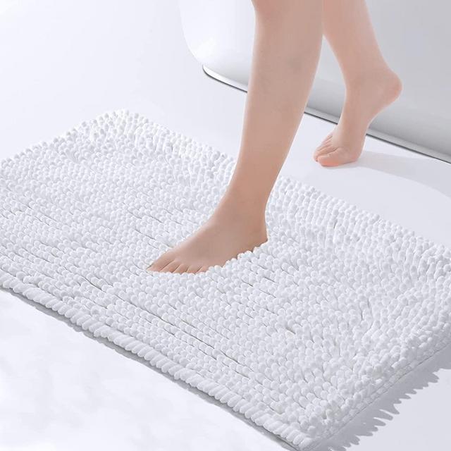 FRESHMINT Chenille Bathroom Rugs Non-Slip Bath Mat 24”x16.5“, Washable Soft Shower Mat, for Bathroom Floor & Tub Fluffy Shag Bath Rugs, Durable Thick Water Absorbent Microfiber Shower Rugs, White