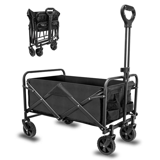 TWOCORN Collapsible Foldable Wagon,Beach Wagon Cart Heavy Duty with Wheels Foldable,Utility Folding Grocery Wagon for Camping Sports Outdoor Activities(Black)
