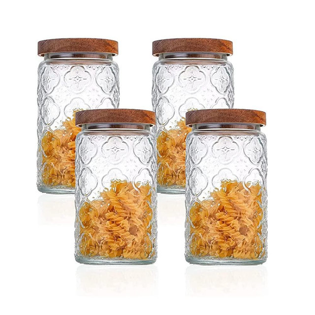 Snminetal Vintage Glass Kitchen Storage Counter Jar, Kitchen and Pantry Glass Storage, Food Storage Container With Airtight Wooden Lid for Cookies, Candy, Coffee Tea Beans, Flour, Grains, (31OZ)