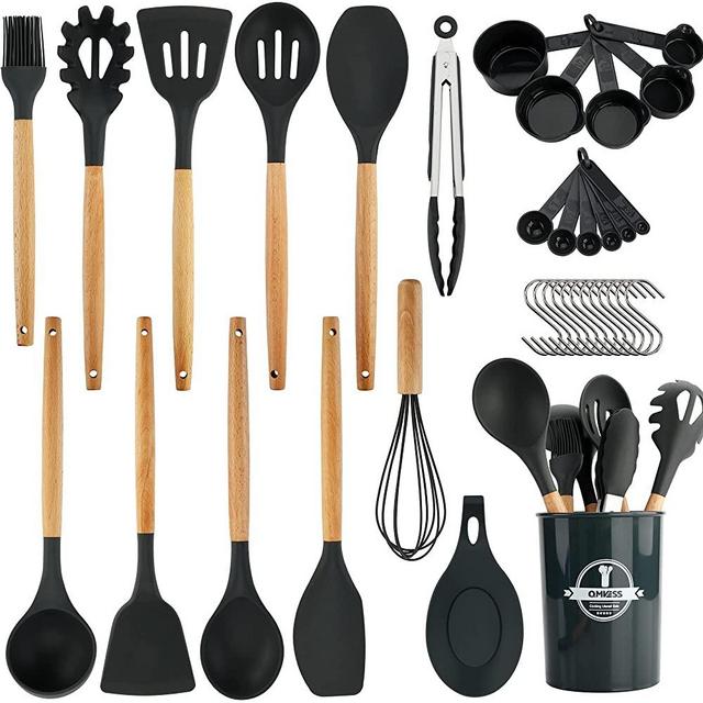 QMVESS Silicone Cooking Kitchen Utensils Set 35 PCS Non-Stick Cookware Heat Resistance Kitchen Gadgets Turner Tongs Spatula Spoon Kitchen Gadgets Wooden Handle (Dark Grey)