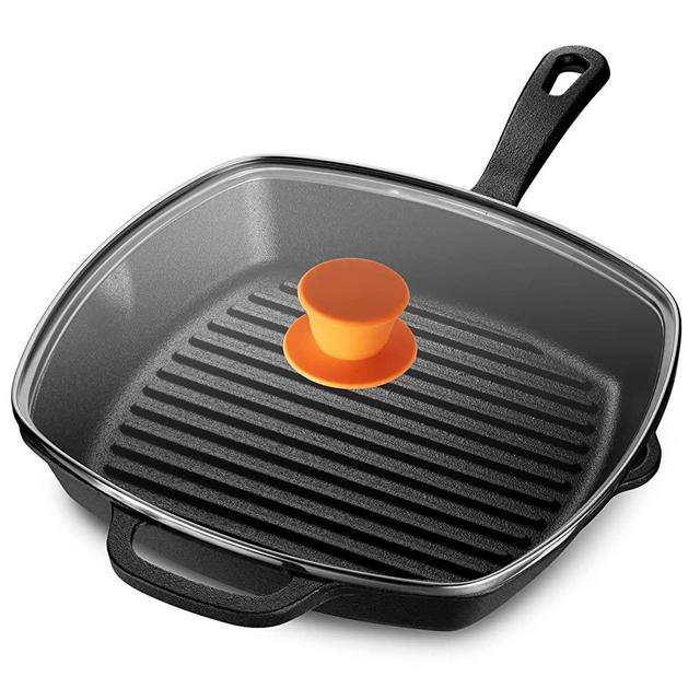 Legend Cookware | Cast Iron Square Grill Pan with Lid | Large 10.5” Grilling Pan with Glass Lid for Oven, Induction, Cooking, Pizza, Charring & Grilling