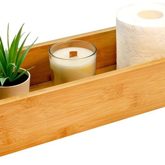 NAUMOO Natural Bamboo Wooden Box - Slip-Resistant Home Decor Wood Tray for Bathroom, or Kitchen Countertop - Tank Topper for Toilet Paper Storage, Vanity Basket