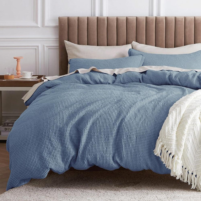 Bedsure Cotton Duvet Cover King - 100% Cotton Waffle Weave Grey Blue Duvet Cover King Size, Soft and Breathable King Duvet Cover Set for All Season (King, 104"x90")