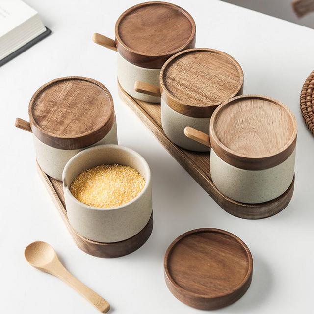 Acacia Wood Seasoning Spice Jar Containers...