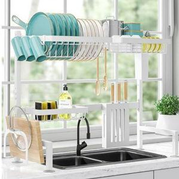 Over The Sink Dish Drying Rack - Adjustable 2 Tier Large Capacity Stainless Steel Drainer with Cutlery & Utensil Holders, Kitchen Storage & Organization, 30"-33.9" L x 11" W x 21.5" H, White