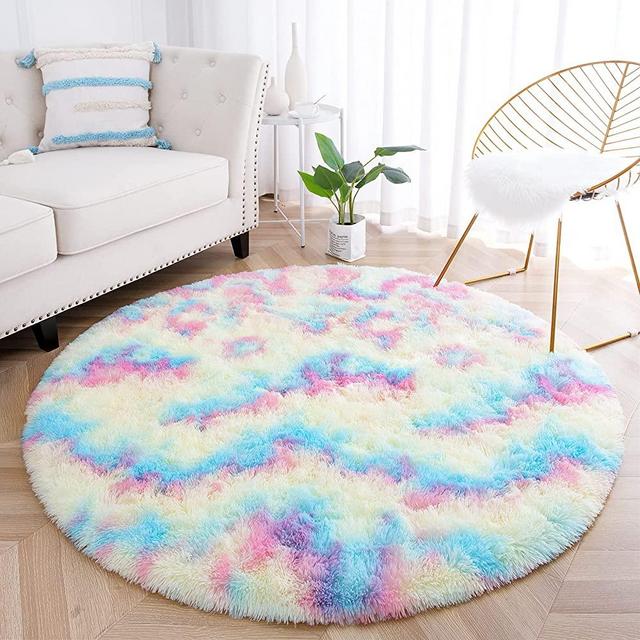 junovo Soft Round Rainbow Area Rugs for Girls Room, Fluffy Colorful Circle Rugs for Kids Bedroom, Cute Circular Rug Princess Castle Plush Shaggy Carpet for Kids Teen Baby Room Nursery Home Decor, 4ft