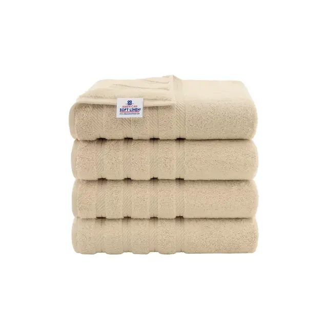 American Soft Linen 4 Pack Bath Towel Set, 100% Cotton, 27 inch by 54 inch Bath Towels for Bathroom, Sand Taupe
