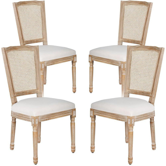 Polar Aurora Dining Chairs Set of 4 Beige Rattan Square Back with Solid Wood Legs and Frame for French Country Kitchen Dining Room
