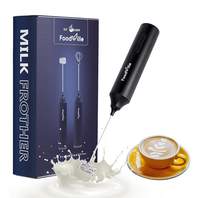 FoodVille MF05 Rechargeable Milk Frother USB Charging Handheld Foam Maker with Stainless Balloon Whisk for Cappuccino, Latte, Bulletproof Coffee, Keto (Black without Stand)