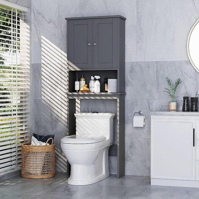 Meilocar Over The Toilet Storage Cabinet, Bathroom Storage Organizer Over Toilet, Space Saver W/Adjustable Shelf & Open Storage Shelf, Gray