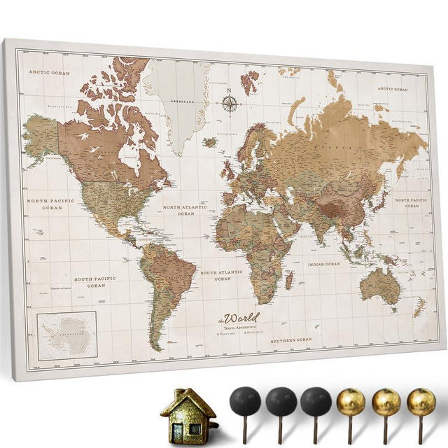 Canvas World Map with Cork Pin Board - English Lettering - Decorative Wall Decoration for All Rooms - Canvas Pictures with World Map Motif (70x50 cm, Pattern 16)
