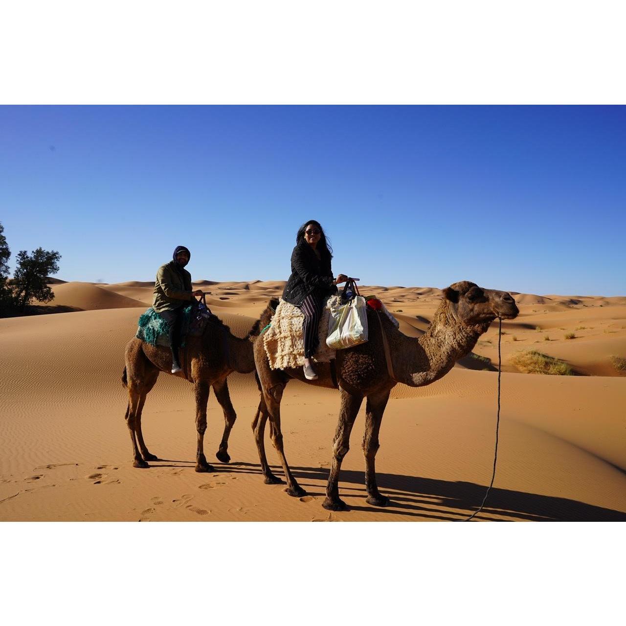 Riding camels in the Sahara Desert