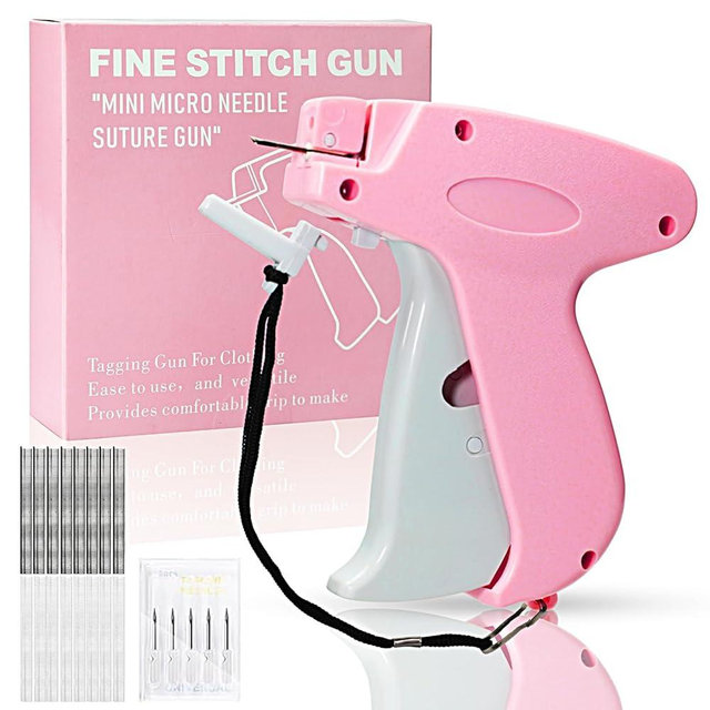 Stitch Gun for Clothes， Handheld Stitch Gun Quick Clothing Fixer，Sewing Kit Includes 1,000 Black Fasteners & 1,000 White Fasteners & 6 Needles (Pink)
